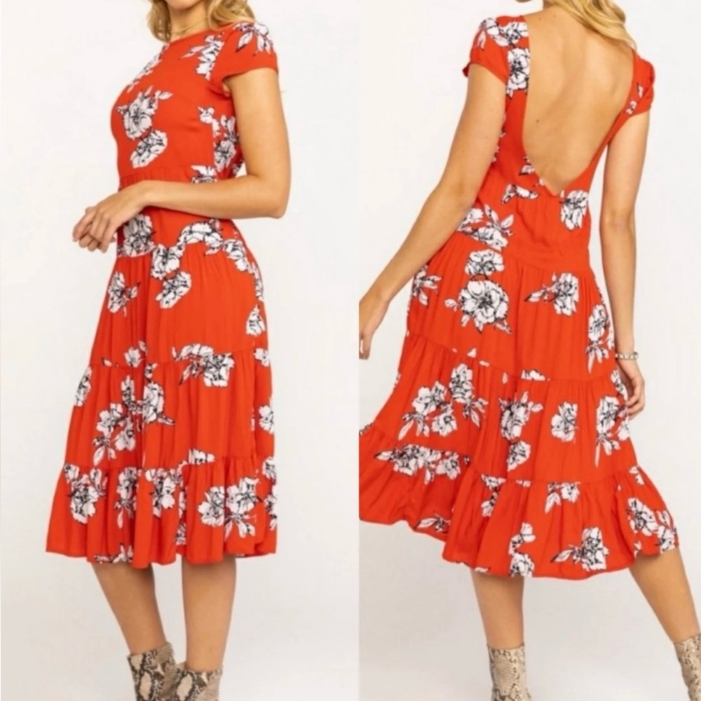 NEW Free People Rita Tiered Midi Dress Red Floral Size XS